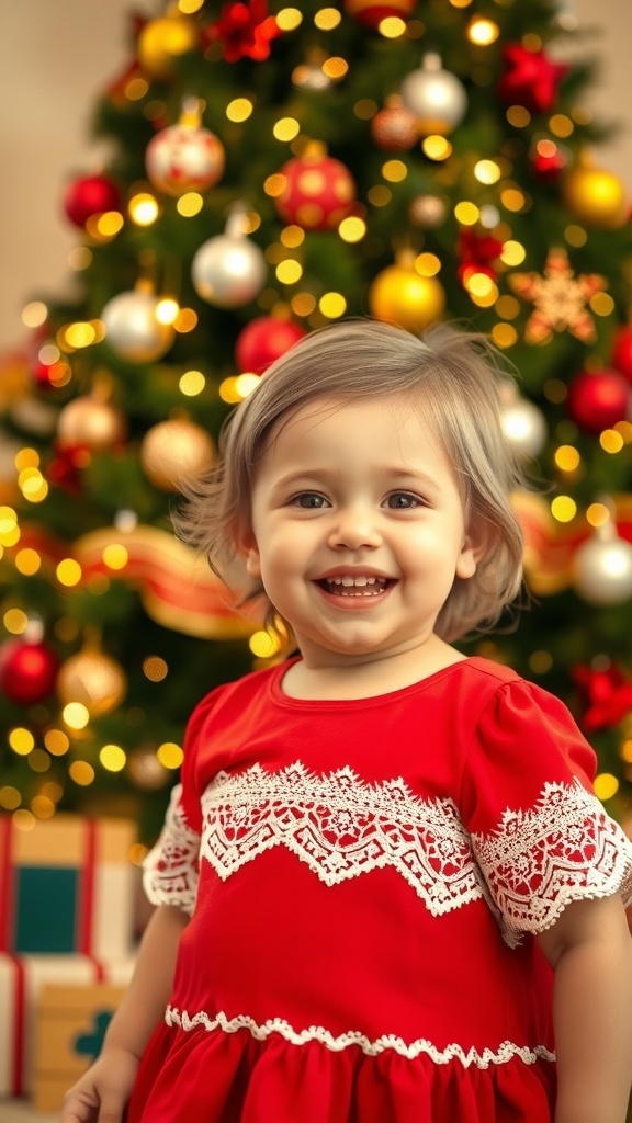 A toddler girl in a red Christmas dress with lace trim, smiling in front of a Christmas tree.